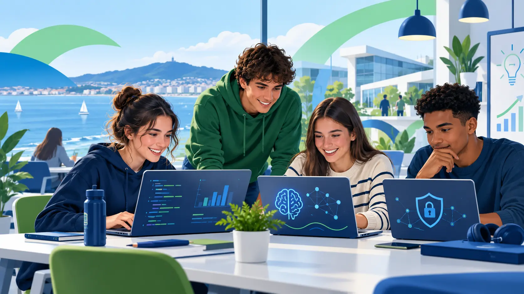 Grupo de jóvenes aprendiendo competencias digitales con ordenadores en un espacio inspirado en la bahía de Santander.